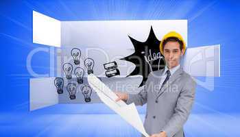 Composite image of serious architect with hard hat holding plans