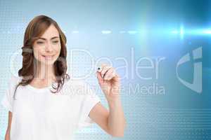 Composite image of smiling businesswoman holding marker