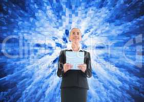 Composite image of businesswoman holding new tablet