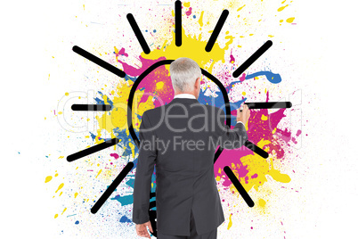 Composite image of rear view of businessman standing and writing