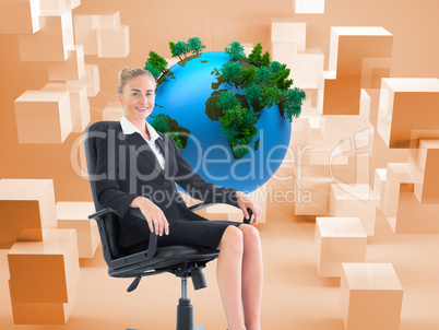 Composite image of businesswoman sitting on swivel chair in blac