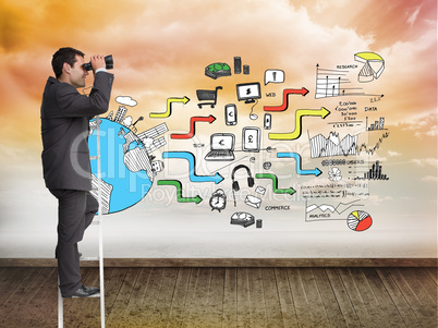 Composite image of businessman standing on ladder