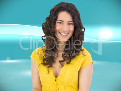 Composite image of cheerful curly haired brunette reading magazi