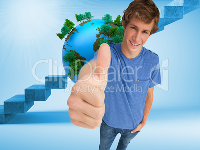 Composite image of fisheye view of a male student the thumb-up