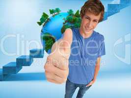 Composite image of fisheye view of a male student the thumb-up