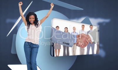 Composite image of a young happy woman stands with her hands in