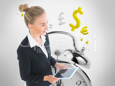 Composite image of businesswoman holding new tablet Composite image of businesswoman holding new tablet