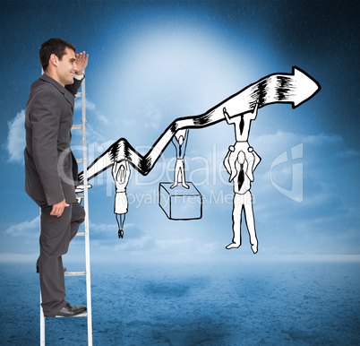 Composite image of happy businessman standing on ladder