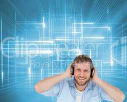 Composite image of trendy model listening to music and looking a