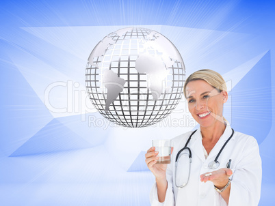 Composite image of happy doctor holding out pills and water glas