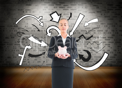 Composite image of businesswoman holding pink piggy bank