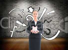 Composite image of businesswoman holding pink piggy bank