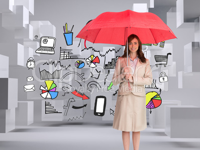 Composite image of attractive businesswoman holding red umbrella