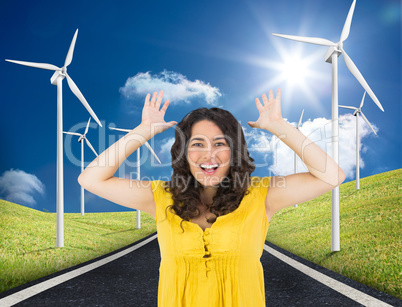 Composite image of smiling casual young woman posing