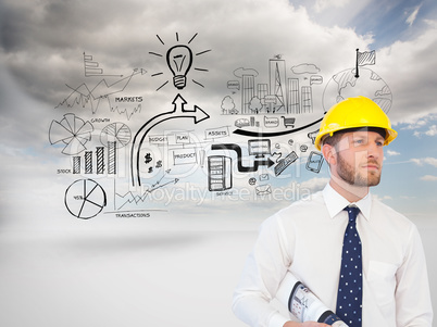 Composite image of young architect posing with hard hat and plan