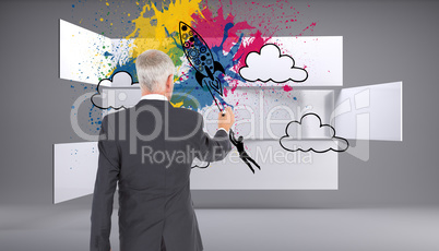 Composite image of rear view of businessman standing and writing