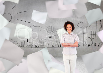 Composite image of businesswoman with crossed arms