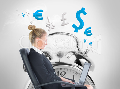 Composite image of businesswoman sitting on swivel chair with la