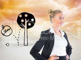 Composite image of businesswoman standing with hands on hips