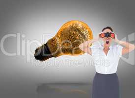 Composite image of shocked elegant businesswoman looking through