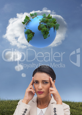 Composite image of young businesswoman putting her fingers on he