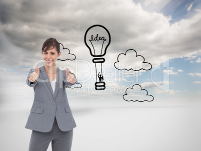 Composite image of smiling businesswoman giving thumbs up