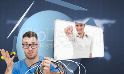 Composite image of portrait of confused it professional with scr