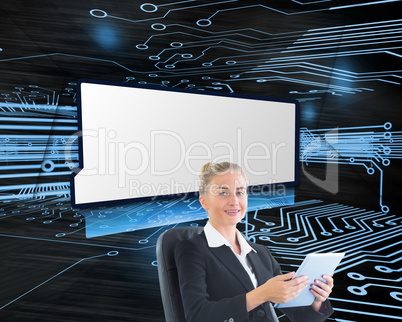 Composite image of businesswoman sitting on swivel chair with ta