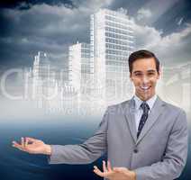 Composite image of young businessman presenting something