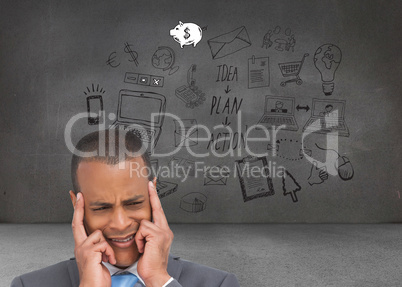 Composite image of stressed businessman putting his fingers on h