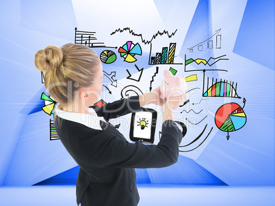 Composite image of businesswoman holding pink piggy bank