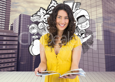 Composite image of cheerful curly haired brunette reading magazi