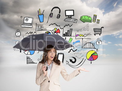 Composite image of elegant businesswoman holding black umbrella