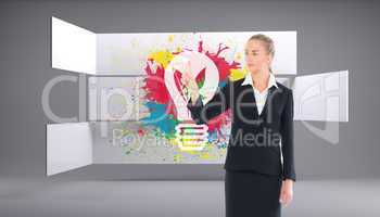 Composite image of young blonde business woman pointing