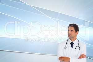 Composite image of confident doctor with arms crossed looking up