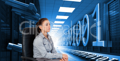 Composite image of portrait of a serious businesswoman sitting o