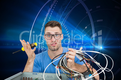 Composite image of portrait of confused it professional with scr