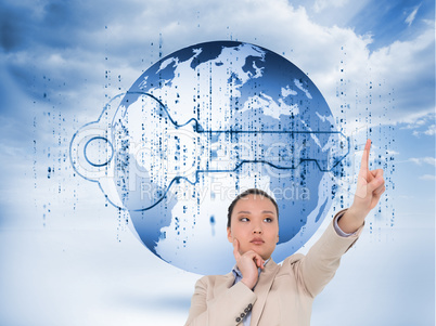 Composite image of thoughtful asian businesswoman pointing Composite image of thoughtful asian businesswoman pointing