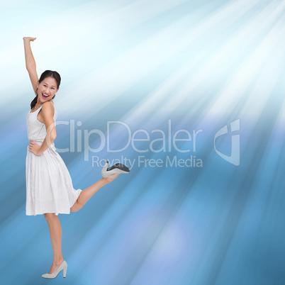 Composite image of happy and classy brunette posing