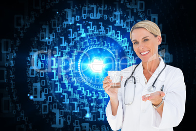 Composite image of happy doctor holding out pills and water glas