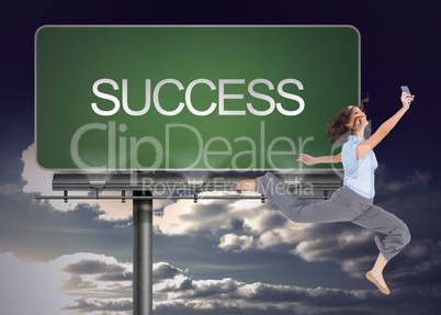 Composite image of happy classy businesswoman jumping while hold