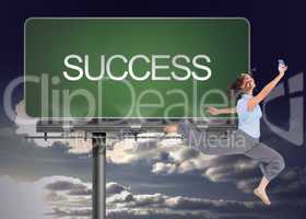 Composite image of happy classy businesswoman jumping while hold