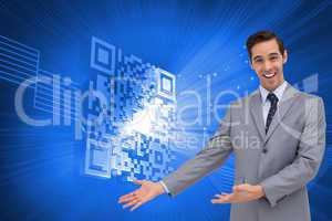 Composite image of happy businessman giving a presentation with