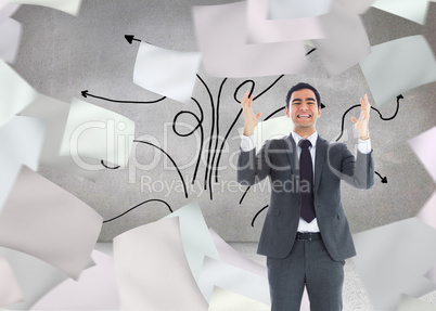 Composite image of stressed businessman with arms raised