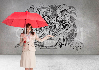 Composite image of happy businesswoman holding umbrella