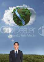 Composite image of cheerful businessman looking up