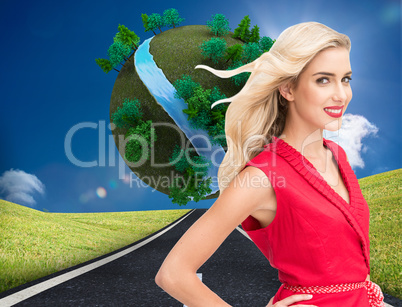 Composite image of smiling blonde standing hands on hips