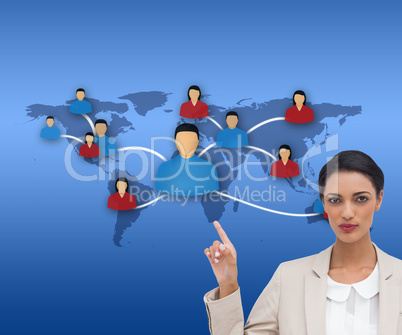 Composite image of serious businesswoman with hands up