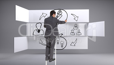 Composite image of businessman standing on ladder