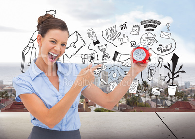 Composite image of businesswoman indicating alarm clock